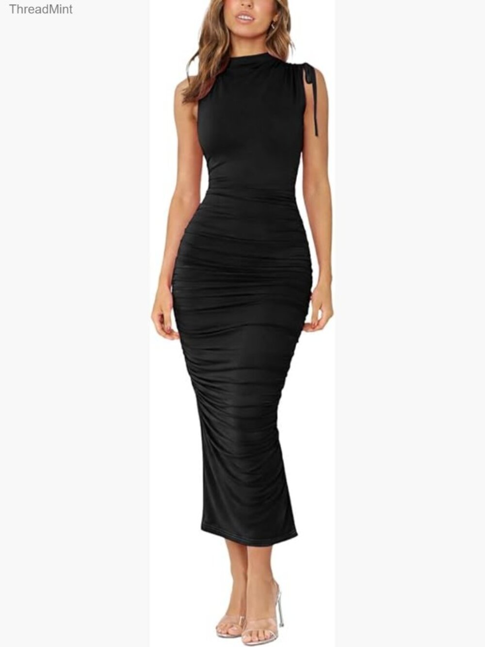Mock Neck Sleeveless Mesh Back Slit Ruched Bodycon Midi Dress Formal Party